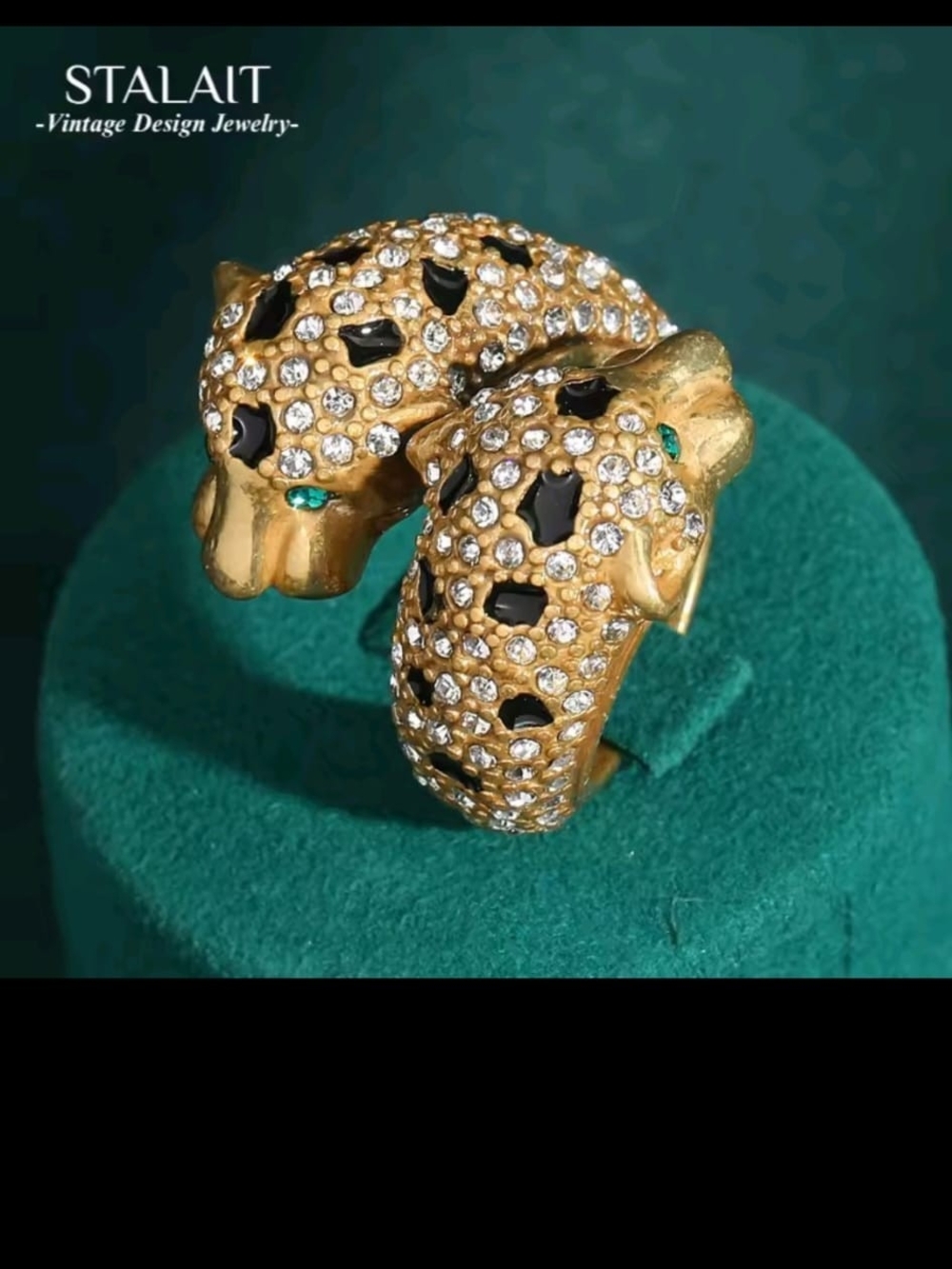 Gold Leopard Head Crystal Ring - Gold with Black Accents